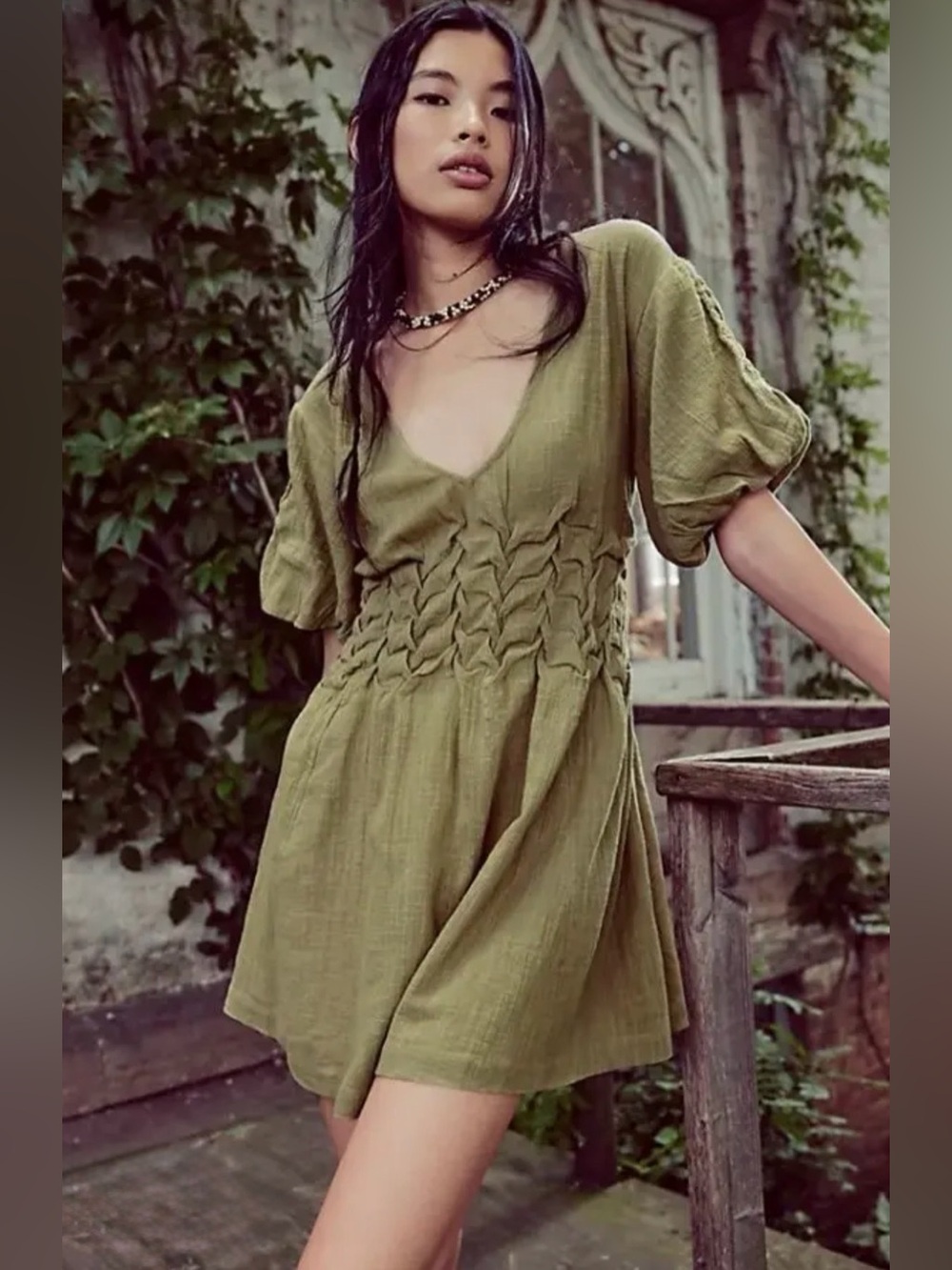 Free People Olive Green V-Neck Smocked Mini Dress